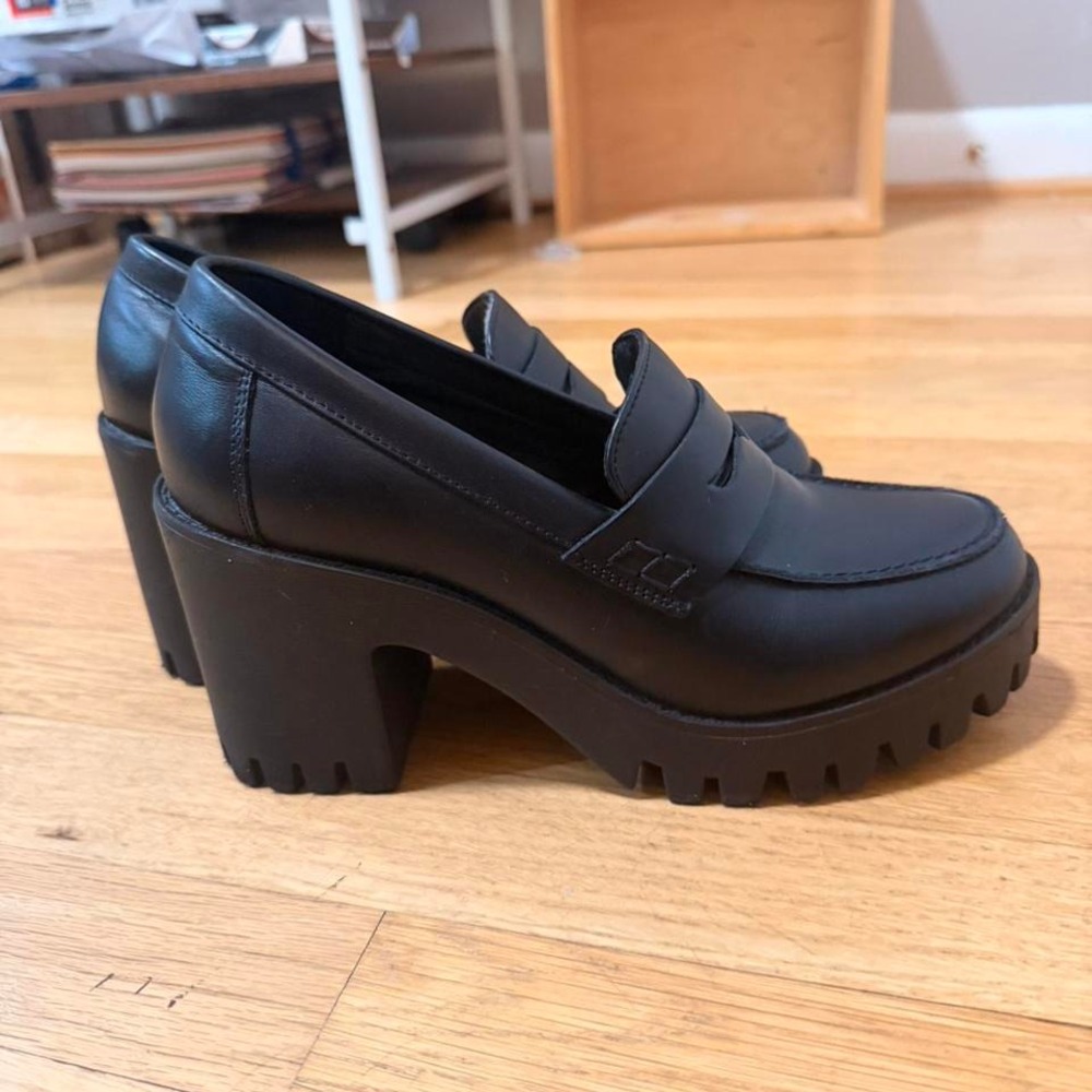 Steve Madden Black Platform Lug Sole Penny Loafers Chunky Block Heel Womens 8.0 - Picture 3 of 5